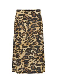 Leopardmønstret nederdel med knælang skæring, blød tekstur og en blanding af beige, brun og sort farver i et flydende design.