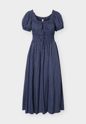 Μίντι φόρεμα σε ναυτικό μπλε με λευκό καρό σχέδιο, φουσκωτά μανίκια, σφηκοφωλιά ντεκολτέ, σφηκοφωλιά στην μέση και αέρινη φούστα.