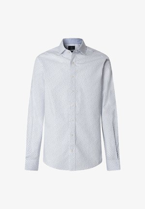 Biała koszula na długi rękaw, zapinana na guziki, z małym niebieskim kwiatowym wzorem i klasycznym kołnierzykiem.