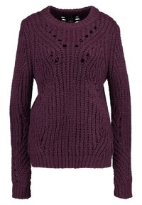Maglione lavorato a maglia in viola scuro, con motivi testurizzati, scollatura rotonda e dettagli a taglio sul davanti e sui lati.