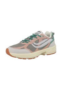 Sneakers featuring a mesh and suede upper in gray, pink, and teal, with a white logo, rubber sole, and padded collar for comfort.