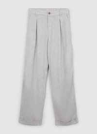 Light gray linen trousers with pleated front, a single button closure, and wide legs. Soft texture with a subtle woven pattern.