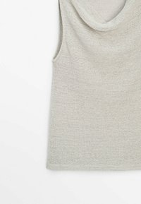 Sleeveless light gray knitted top with a draped cowl neckline, displayed against a white background.