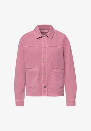 Pinkfarbene Freizeitjacke mit Kragen, langen Ärmeln, Metall-Druckknöpfen vorne und zwei aufgesetzten Fronttaschen.