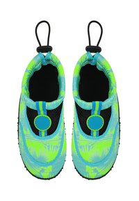 Neon groene en blauwe instap schoenen met zwarte gaasaccenten, een gestructureerd patroon en trekkoorden voor eenvoudig aan- en uittrekken. Rubberen zool voor grip.