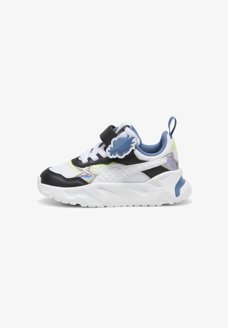 Multicolored sneakers with a white sole, featuring a black and iridescent upper, lace closure, Velcro strap, and a blue accent.