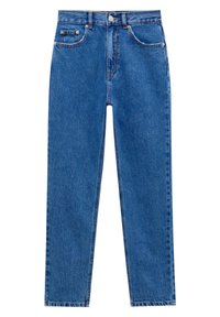 High-waisted blue jeans in a straight fit, made of denim with a slight texture, featuring front pockets and a button closure.
