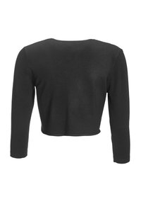 Black long-sleeve cropped sweater with crew neckline shown from the back on a white background.