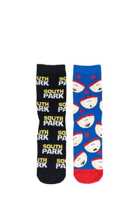 Calzini neri e blu; il calzino sinistro presenta il testo giallo "SOUTH PARK" su sfondo nero; il calzino destro ha facce di cartone animato su blu con dettagli rossi.