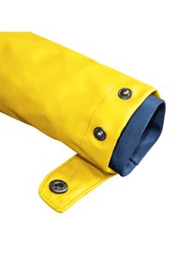 Yellow waterproof jacket sleeve with a blue interior lining, featuring silver snap closures and smooth, glossy texture.