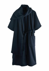 Dark navy blue bathrobe with short sleeves, shawl collar, waist tie, and front pocket, displayed on white background.