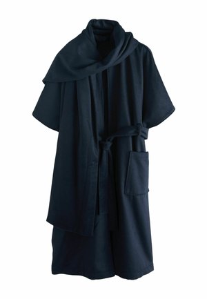 Dark navy blue bathrobe with short sleeves, shawl collar, waist tie, and front pocket, displayed on white background.