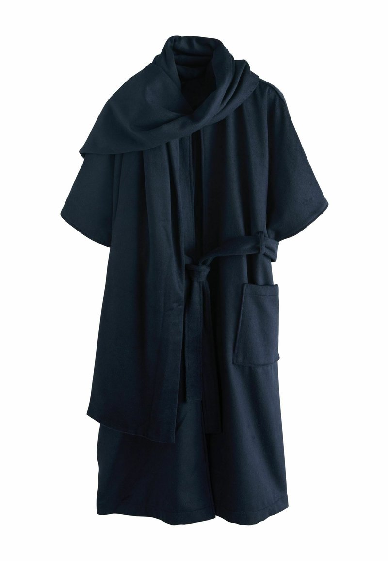 Dark navy blue bathrobe with short sleeves, shawl collar, waist tie, and front pocket, displayed on white background.