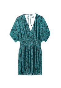 Robe turquoise à manches courtes avec un motif floral noir, décolleté en V et taille élastique. Équipée d'une fermeture à nouer au dos.