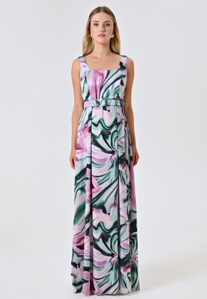Langes, ärmelloses Kleid aus weichem Stoff mit einem marmorierten Muster in Pink, Grün und Weiß. Mit einem quadratischen Ausschnitt und einer taillierten Taille.