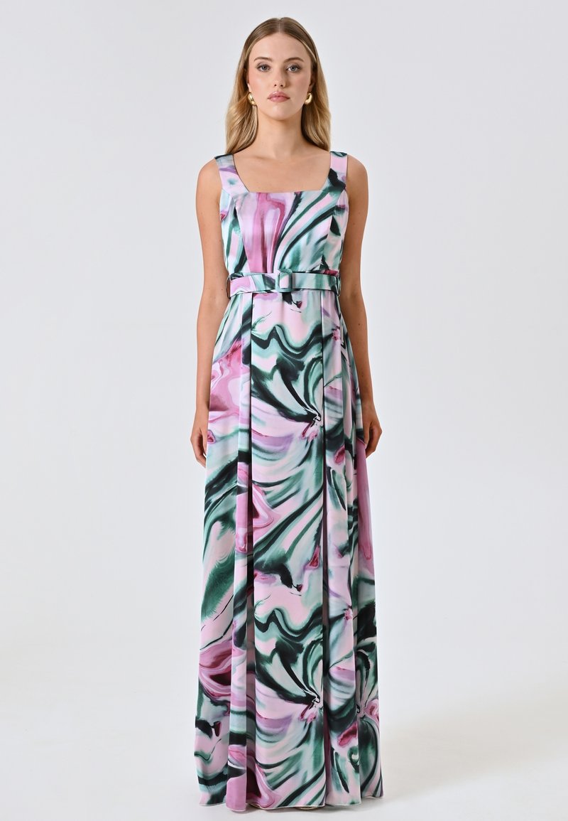 Langes, ärmelloses Kleid aus weichem Stoff mit einem marmorierten Muster in Pink, Grün und Weiß. Mit einem quadratischen Ausschnitt und einer taillierten Taille.