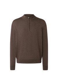 Brun pullover-sweater med hög krage och en kvarts dragkedja. Ribbad mudd och nederkant, textil med struktur för extra djup. Långärmad.
