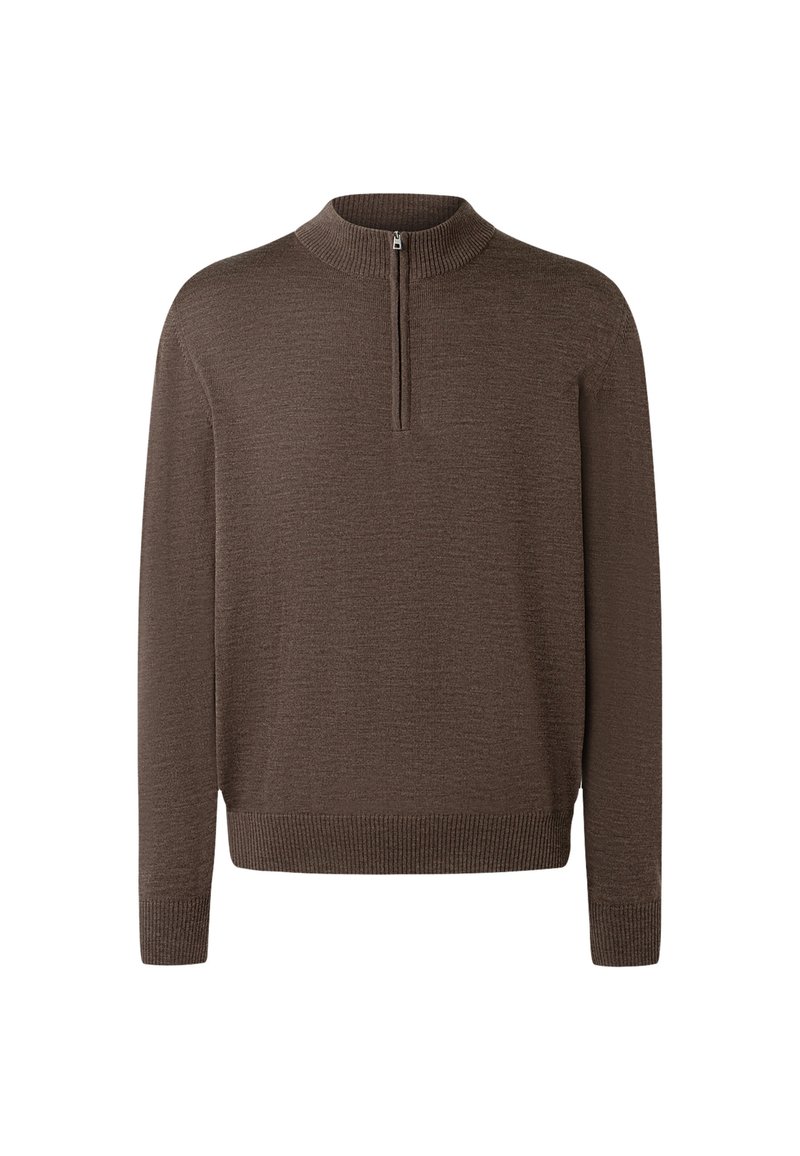 Brun pullover-sweater med hög krage och en kvarts dragkedja. Ribbad mudd och nederkant, textil med struktur för extra djup. Långärmad.
