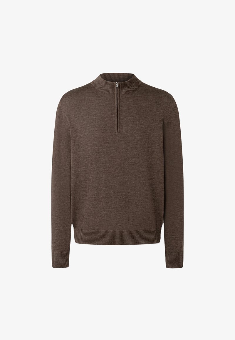 Brauner Pullover mit hohem Kragen und einem Viertelreißverschluss. Rippbündchen und Saum, strukturierter Stoff für zusätzlichen Tiefeneffekt. Lange Ärmel.