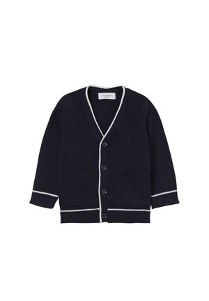 Cardigan blu navy con bottoni, rifinito con bordi bianchi lungo il collo, i polsini, l'orlo e le tasche, con maniche lunghe e bordi a coste.