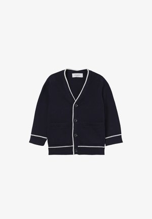 Cardigan blu navy con bottoni, rifinito con bordi bianchi lungo il collo, i polsini, l'orlo e le tasche, con maniche lunghe e bordi a coste.