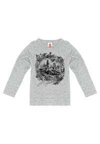 Gray long-sleeve t-shirt made of soft fabric featuring a black printed design of a castle surrounded by floral elements and the word "Hogwarts."