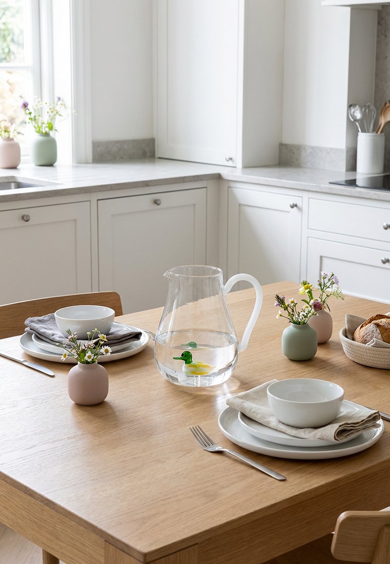 Drewniany stół kuchenny nakryty dla dwóch osób, z białymi miskami, talerzami, sztućcami, małymi wazonikami z kwiatami, szklanym dzbankiem ze pływającą kaczką oraz koszykiem z chlebem.