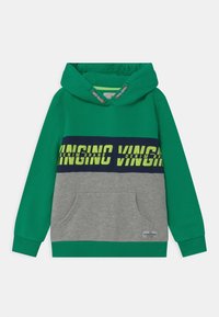 Sudadera con capucha en verde y gris, con bolsillo frontal, texto impreso en azul marino y amarillo, puños y dobladillo acanalados. Fabricada con tejido suave.