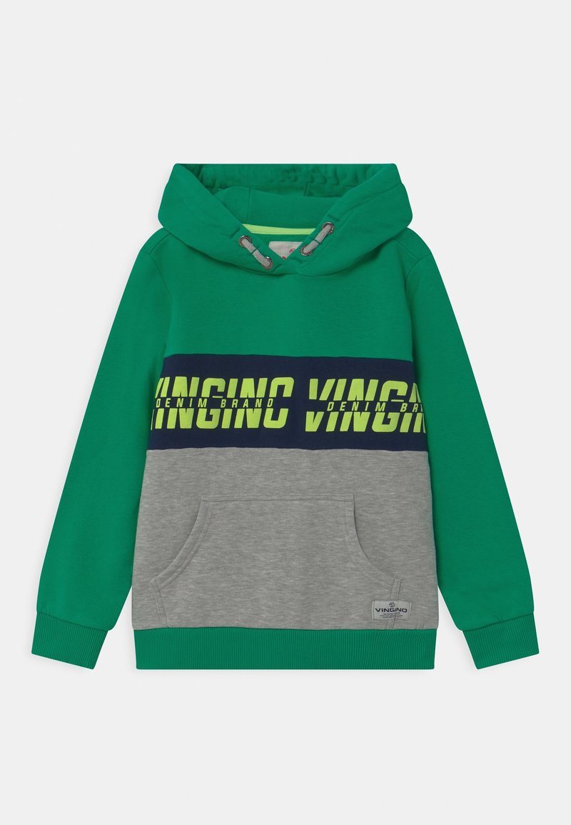 Sudadera con capucha en verde y gris, con bolsillo frontal, texto impreso en azul marino y amarillo, puños y dobladillo acanalados. Fabricada con tejido suave.
