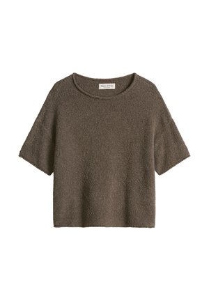 Haut en maille texturée marron à manches courtes avec un col rond et un ourlet droit, étiqueté Marc O’Polo.