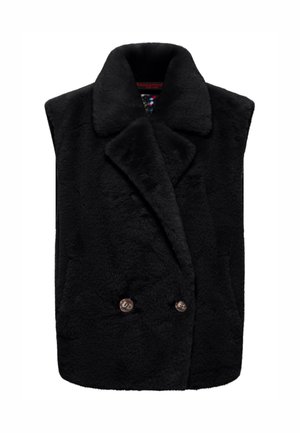 Zwarte nepbont mouwloze vest met een grote kraag en dubbele knoopsluiting; gladde textuur en eenvoudig ontwerp.