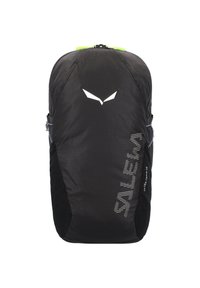 Leichter schwarzer Rucksack aus strukturiertem Stoff, mit Logo, reflektierenden Akzenten und Seitentaschen zur Aufbewahrung.
