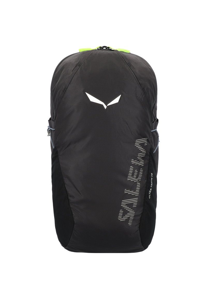 Leichter schwarzer Rucksack aus strukturiertem Stoff, mit Logo, reflektierenden Akzenten und Seitentaschen zur Aufbewahrung.