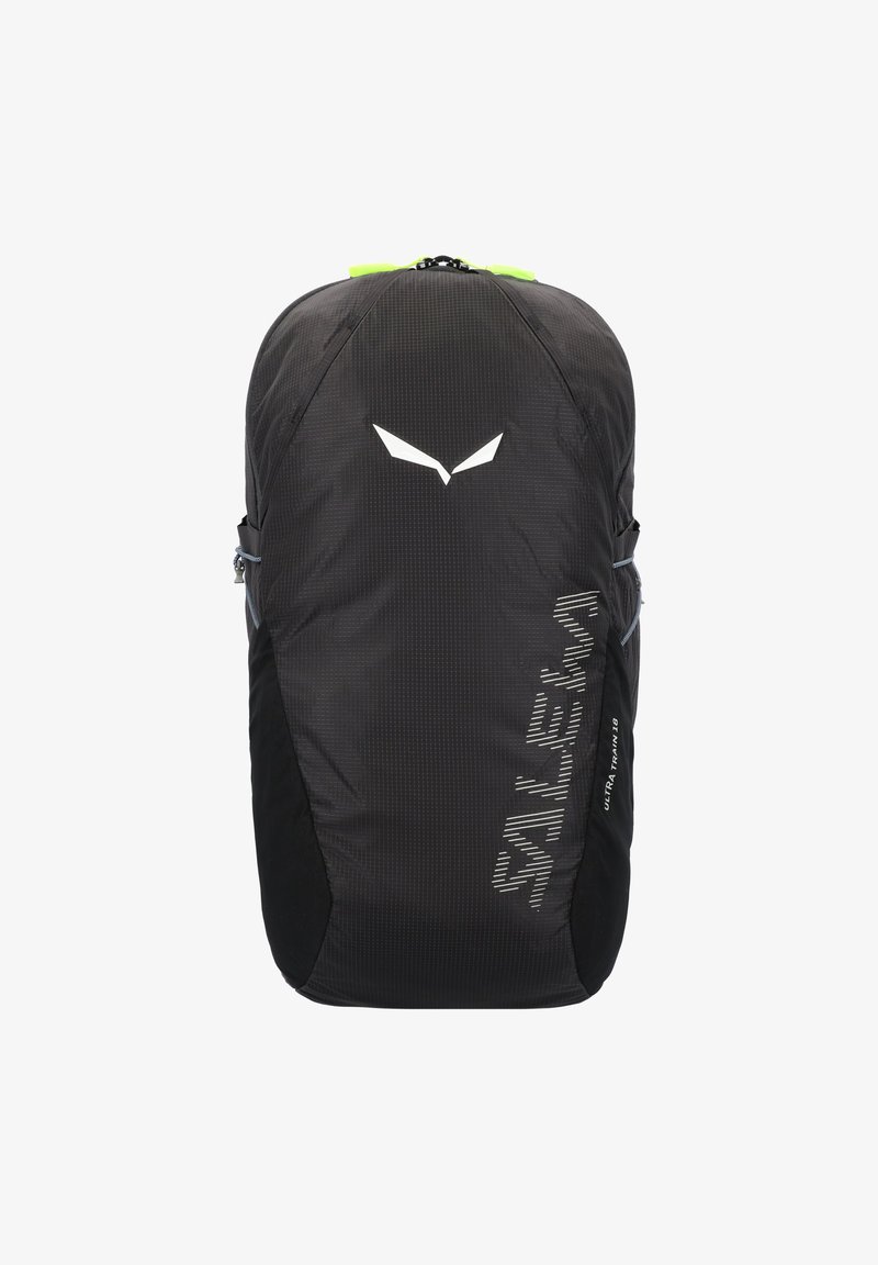 Leichter schwarzer Rucksack aus strukturiertem Stoff, mit Logo, reflektierenden Akzenten und Seitentaschen zur Aufbewahrung.