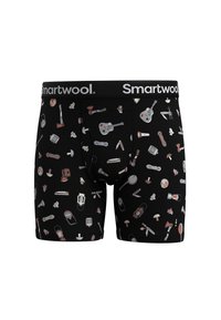 Svart kalsongshorts med en mängd små, färgglada ikoner, inklusive musikinstrument och verktyg, samt en märkesmidjeledning.