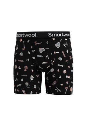 Schwarze Boxershorts mit einer Vielzahl von kleinen, bunten Icons, darunter Musikinstrumente und Werkzeuge, mit einem markierten Bund.