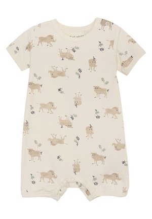 Krótki rękaw, kremowy body z miękkiego materiału, ozdobione powtarzającym się wzorem jasnobrązowych ilustracji zwierząt i zielonymi akcentami liści.