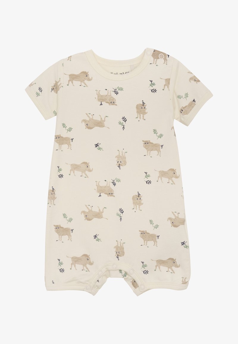 Un body à manches courtes de couleur crème en tissu doux, présentant un motif répété d'illustrations d'animaux brun clair et d'accents de feuillage vert.