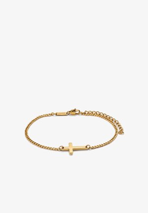 Gullkjedearmbånd med en horisontal korsanheng og justerbar klafflås på hvit bakgrunn.