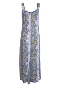 Dlouhé šaty bez rukávů s paisley a geometrickým vzorem v odstínech modré, šedé a oranžové. Vyrobeno z lehkého materiálu s nařasenými ramínky.