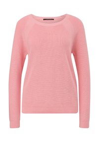 Pull léger rose clair en maille, manches longues, col rond, poignets et ourlet côtelés.