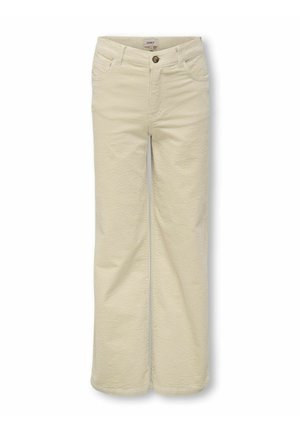 Pantalon beige en velours côtelé taille haute avec fermeture à boutons, passants de ceinture et poches devant et derrière, présenté sur fond blanc.