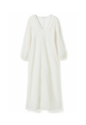 Bijela midi haljina s dugim rukavima, V-izrezom, ukrasnim gumbima sprijeda i detaljnom čipkom s rupicama.