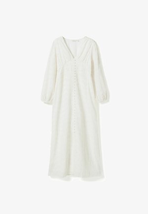 Bijela midi haljina s dugim rukavima, V-izrezom, ukrasnim gumbima sprijeda i detaljnom čipkom s rupicama.