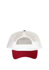 Snapback hat with a white mesh back, red brim, and black button on top. Features an adjustable plastic strap at the back.