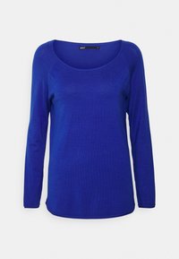 Lange mouwen blauwe top met een ronde halslijn, gemaakt van een zachte, gestructureerde stof. Heeft raglanmouwen en een licht gebogen zoom.