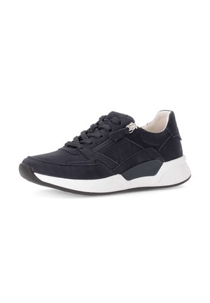 Black sneaker with white sole, lace-up front, side zipper, and padded collar for comfort.