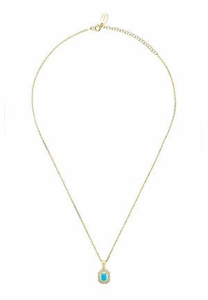 Goldene Halskette mit einem kleinen rechteckigen türkisfarbenen Anhänger, umgeben von klaren Steinen und einem verstellbaren Verschluss.