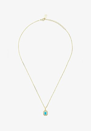Collier chaîne en or avec un petit pendentif rectangulaire turquoise entouré de pierres claires et un fermoir réglable.
