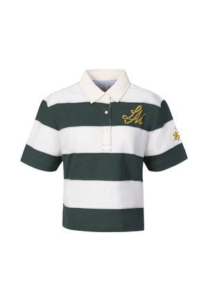 Rugbyshirt met korte mouwen met groene en witte horizontale strepen, witte kraag en gouden geborduurde letters "LM" op borst en mouw.